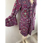 Reborn multi color boho print bell sleeve keyhole neck mini dress in Size Small Purple Photo 3