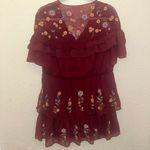 ZARA Medium Burgundy Floral Embroidered Frilled Ruffle Sleeve Mini Casual Dress Photo 2