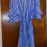 New York And Company Vertical Blue Stripe Off Shoulder Sleeve Romper Photo 3