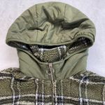 ZARA  Sherpa Pullover Hoodie Plaid Quilted Pocket Green Olive Size Small‎ Photo 3
