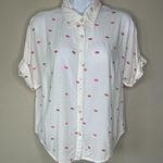 Japna  Womens Kiss Lip Print White Button Down Blouse Size Medium Cuff Sleeves Photo 0