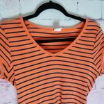 Tommy Hilfiger VTG Y2K 2002 TOMMY JEANS ORANGE NAVY STRIPE LETTUCE LEAF HEM FITTED RIBBED TEE Photo 2