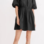Madewell Poplin Mini Dress Women's 6 Black Crewneck Bubble-Sleeve Elastic Waist Photo 0