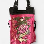 Y2K 2000s Ed Hardy tote shoulder crossbody book laptop work school bag purse grunge goth #alternative #cyber #punk #whimsygoth #academia #streetwear #preppy pink black. Photo 0