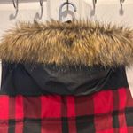 Eddie Bauer Womens Red Buffalo Plaid Hooded Goose Down Puffer Vest Fur Trim L Photo 4