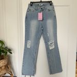 Avec Les Filles RIPPED JEANS SLIT HEM Raw Hem Wide Leg Jeans Light Wash NWT Photo 2