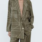 ZARA NWOT  Geometric Olive Green Art Blouse Jacket Lightweight Bloggers Fave M Photo 3