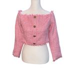 Endless Rose  Off The Shoulder Tweed Pink Long Sleeve Cropped Shirt Button Large Photo 1