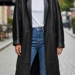 Marco Morani VTG Leather Coat Trench Womens Black SZ L Suede Trim Jacket Classic Size L Photo 0