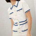 Maje White Blue Tweed Gold Button Details Collared Risal Mini Dress Size 34 Photo 0