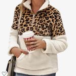 Women Leopard Animal Patchwork Zipper Sweatshirt Sweater Long Sleeve Fluffy Fleece Pullover Pockets Quarter Zip White Black Brown Measurement in pic Multiple Photo 0