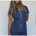 Free People  Women’s Lennox Crvy Blue Denim Shortsuit Jeans Collared Romper Sz 12 Photo 1