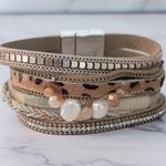Cuff Bracelet Neutral Tones with Gold Tone & Faux Pearls Photo 1