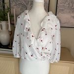 RIXO Sofia White Red‎ Embroidered Wrap Waist Tie Blouse Top Boho Ruffle Size XS Photo 3