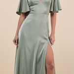 Lulus NWT  Elegant Confidence Sage Satin Flutter Sleeve Cutout Maxi Dress Size S Photo 0