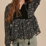 In Bloom  size medium peasant blouse daisy pattern black lace panel tasseled neck Photo 0