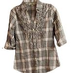 L.E.I Brown Plaid V-Neck 3/4 Sleeve Button Down Shirt Size Large Photo 0