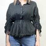 Free People Pacific Dawn Dark Grey Distressed Fitted Waist Scrunched Sleeve Top Photo 0