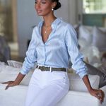 Kate Hill  100% Silk Pinstripe Blouse, Button Down Silk Shirt, Size Medium Photo 9