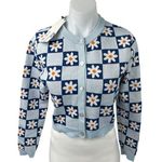 ZARA NEW Blue Daisy Floral Checkered Button Knit Crop Cardigan Sweater Top Sz M Photo 0
