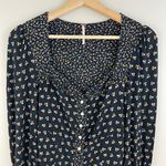 Free People Black Floral Kissin Kate Contrast Trim Long Sleeve Henley Top Photo 3