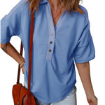 Dokotoo Women‘s Casual Short Sleeve 1/4 Button Solid Collar Neck Pullover Top Blue Size L Photo 0