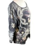 Katina Marie Women's whimsical Peacock Print Long Sleeve Top Black Large Gray Photo 1