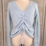 JOLIE & JOY Cropped V Neck Sweater with Drawstring Adjustable Hem Light Blue Photo 0