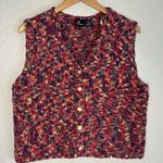 Vintage LizSport Colorful Rug Knit Vest Button Front Grandma Crochet Purple Y2K Size M Photo 0