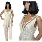 American Vintage Beeline sleeveless Pajama Set Cream Gold pink floral Small Photo 1