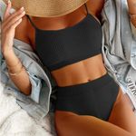 SheIn Black Ribbed High Waisted Bikini Set Medium Photo 0