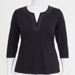 Charter Club Petite Black Tunic Top Womens M 3/4 Sleeve Embroidered Boho Y2K Photo 0