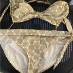 Xhilaration VINTAGE 90’S BIKINI Size L\M Retro Triangle Halter Gold Polka Dots Photo 4