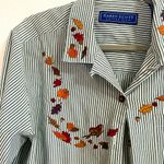 Karen Scott Embroidered Gray/White Striped  Button Down Blouse fall embroidered pattern L Photo 1
