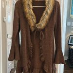 Brown Cardigan with Faux Fur Collar Bell Sleeves Size M Photo 5