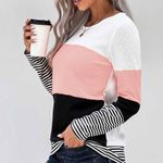 STYLISH PINK COLORBLOCK SPLICING STRIPED TOP Size undefined Photo 2