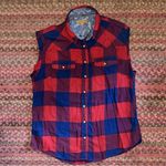 Jachs Girlfriend  RED & BLUE BUFFALO PLAID CHECKERED PEARL SNAP CUT OFF SLEEVE Photo 0