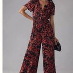 Anthropologie  The Somerset Jumpsuit Satin Black Red Floral Print V Neck Small Photo 0