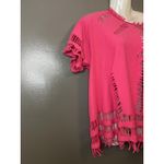 Distressed Pink Shredded Fringe Shirt Womens Large Boho Festival Ripped Tee Top Photo 1