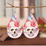 Pink Rose Flower Skull Print Dangle Halloween Earrings Bohemian‎ Faux Leather Photo 3