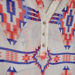 Soulmates Aztec Print Blouse Top Roll Tab Sleeve Button‎ Down Sheer Bohemian Photo 2