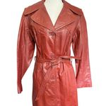 Vintage Dark Orange Leather Longline Trench Coat 70's Chic Size 12 Photo 0