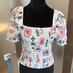 NWT Monteau Smocked Square Neck Puff Sleeve Crop Top Tropical Print Hawaiian‎ XL White Photo 0