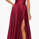 La Femme  Strapless Satin Gown with Pleated Bodice and Slit Size 4 NWOT Wine Red Photo 0