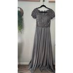 La Femme NEW  Chiffon Lace Rhinstone SS Sweetheart V-Neckline Gown Silver Size 6 Photo 2
