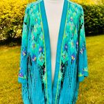 Bob Mackie  Plus Size Kimono Floral Silky Flowy Blue & Green Open Front Photo 1