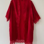Avidlove Oblique V-Neck Pure Color Lace Robes Short Silk Kimono Wine Red Photo 8