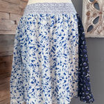 Maeve  Blue and White Leaf Print A-Line silk Skirt Photo 0