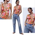 ZARA red pink green rose floral flower tropical ruched draped bodysuit S Photo 2