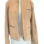 Ecru  Suede Tan Collarless Moto Zip Up Jacket Zippered Pockets & Sleeves Size XL Photo 0